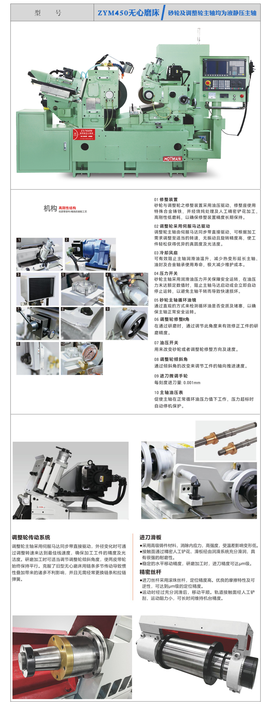 ZYM450無心磨床，砂輪及調整輪主軸均為液靜壓主軸。